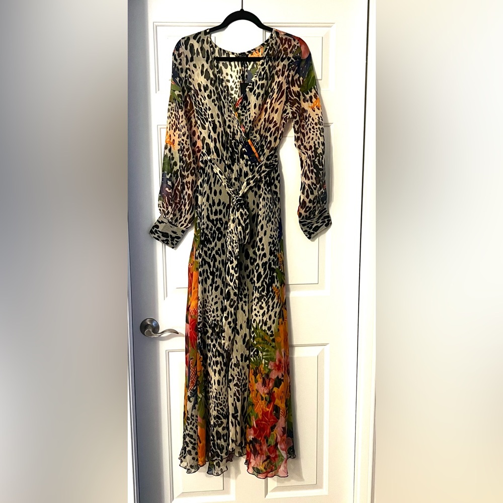 Elegant Long Sleeve Sheer Leopard and Floral Dress